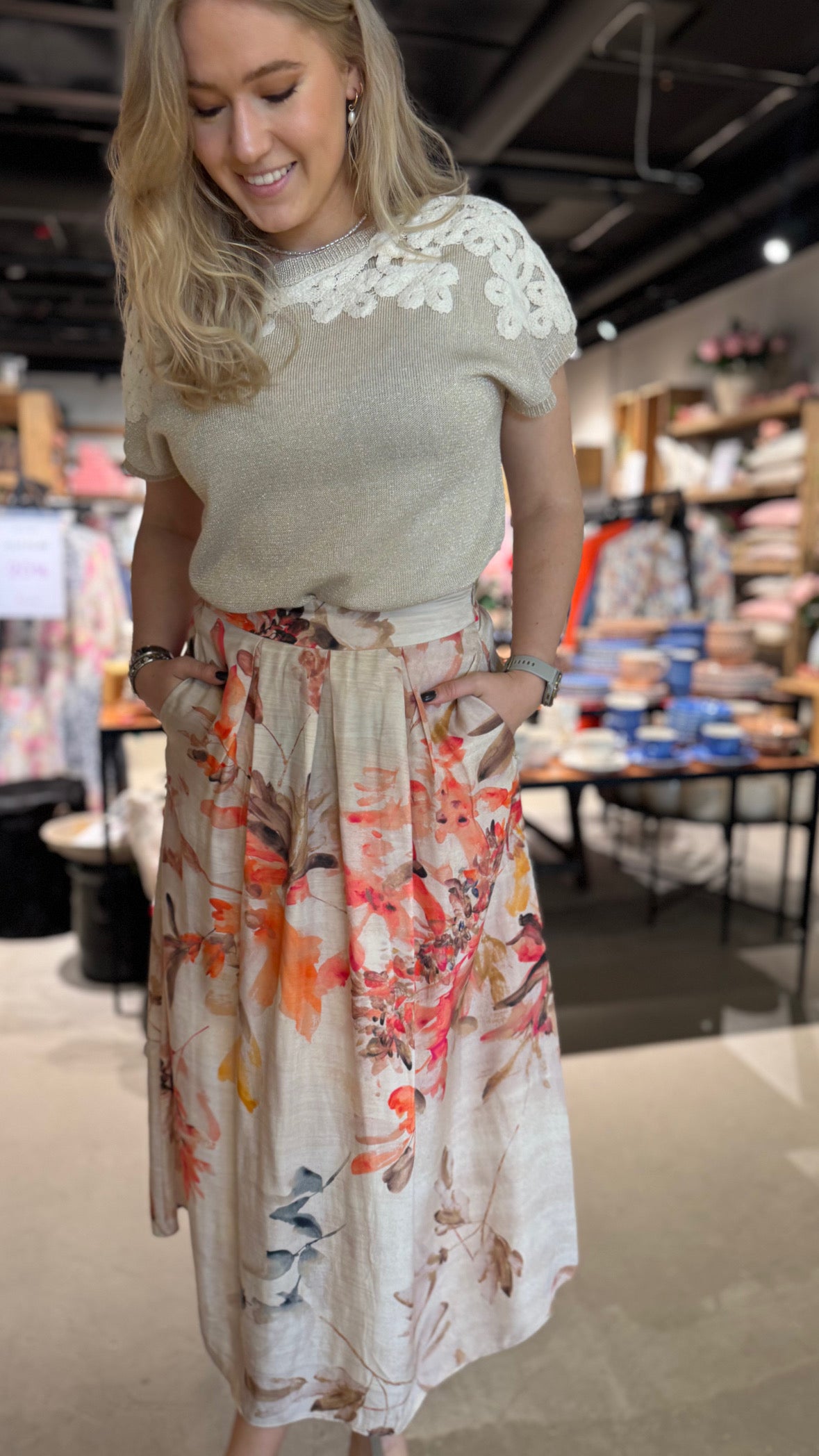 GUSTAV Mabell midi+pleated Skjørt, Sand/rose