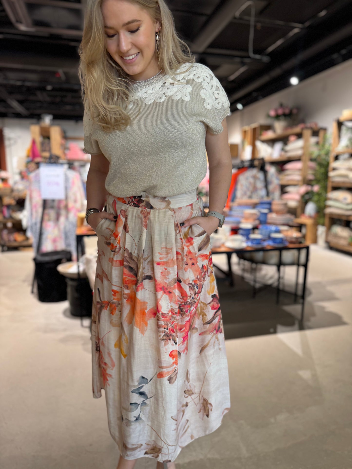 GUSTAV Mabell midi+pleated Skjørt, Sand/rose