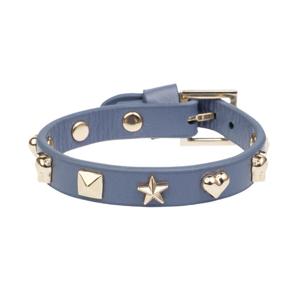 DARK Leather Sign Stud Bracelet, Steel blue