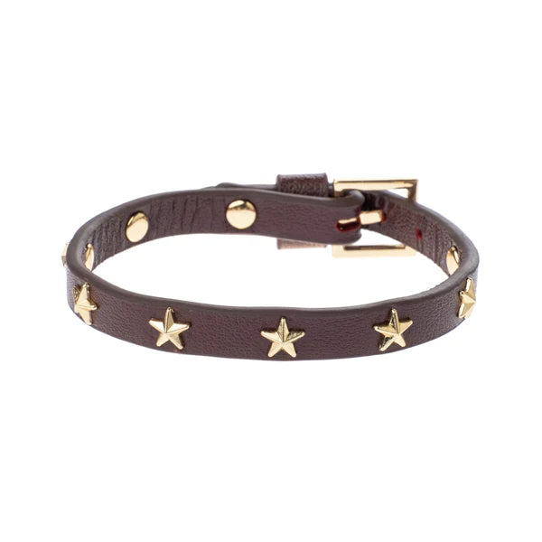 DARK Leather Star Stud Bracelet Mini, Maroon/gold