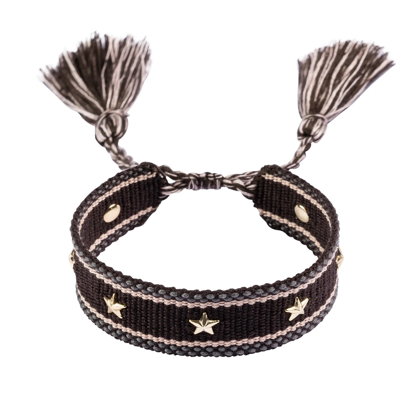 DARK Woven Friendship Bracelet w/star studs, Chocolate brown w/gold