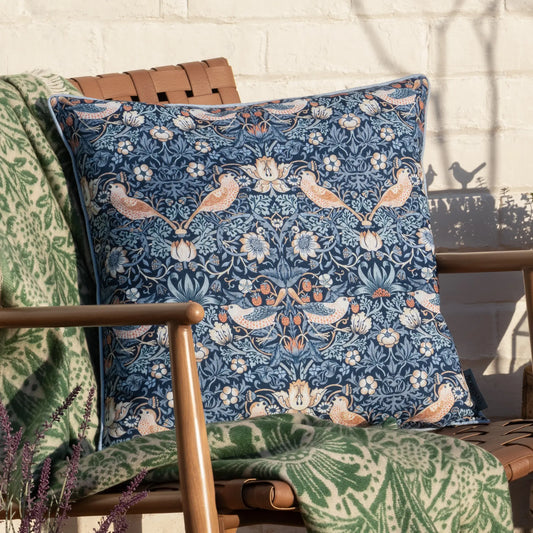 Strawberry Thief Piped Outdoor Cushion Indigo  50x50