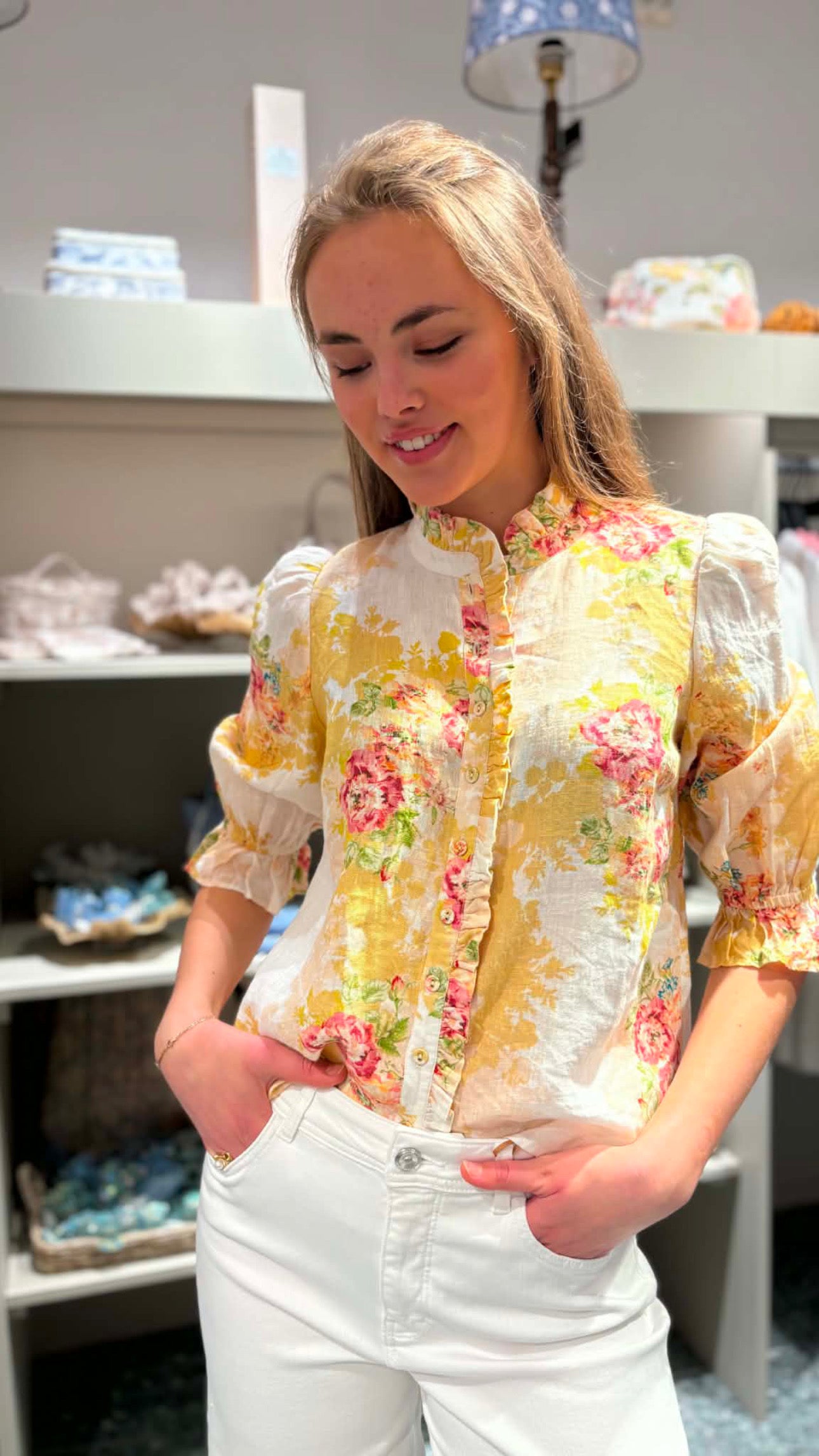 BY TIMO Linen Ruffle Blouse, yellow