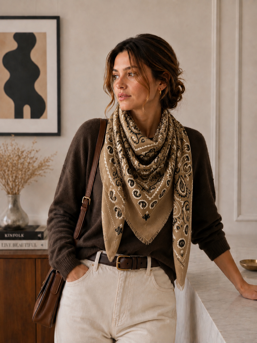 Stort bandanaskjerf i ullblanding – beige