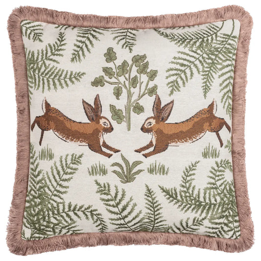 Fable Rabbits Embroidered 100% Cotton Cushion Willow Green, 50x50