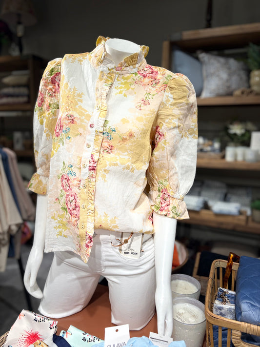 BY TIMO Linen Ruffle Blouse, yellow
