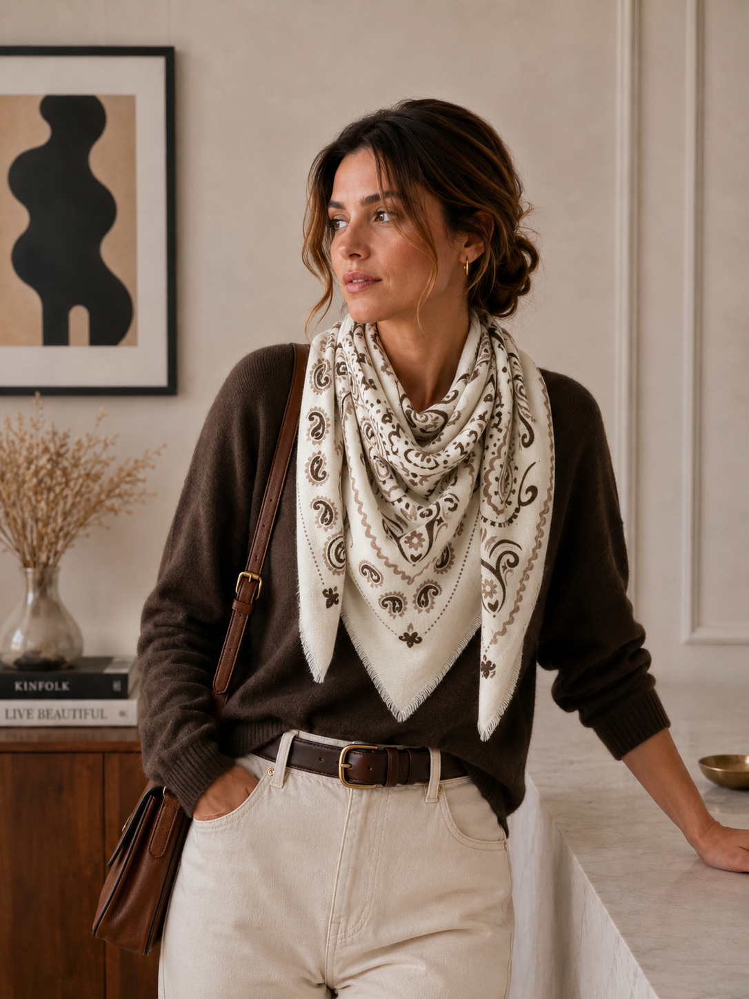 Stort bandanaskjerf i ullblanding – beige