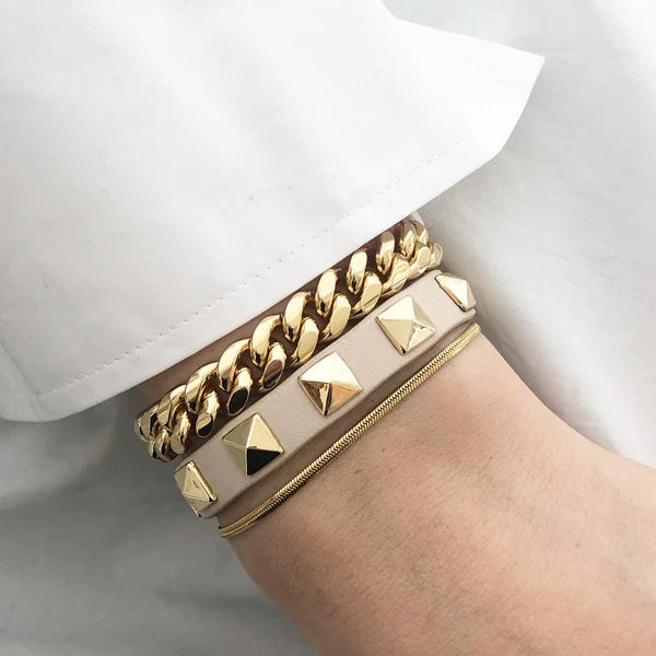 DARK Leather Stud Bracelet, Sand/gold