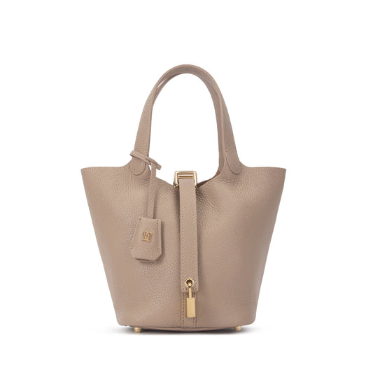DARK leather bucket bag mini, dark sand