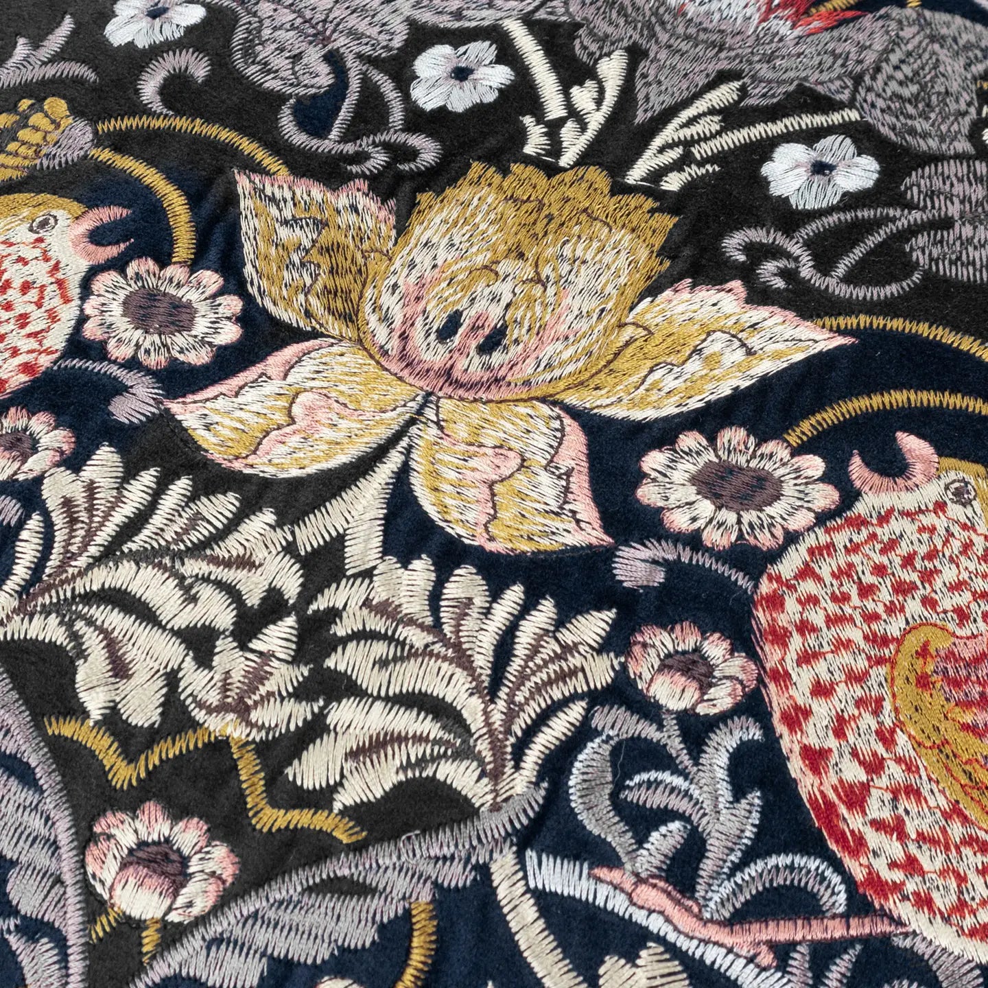 Strawberry Thief Embroidered Velvet Cushion Indigo 50x50