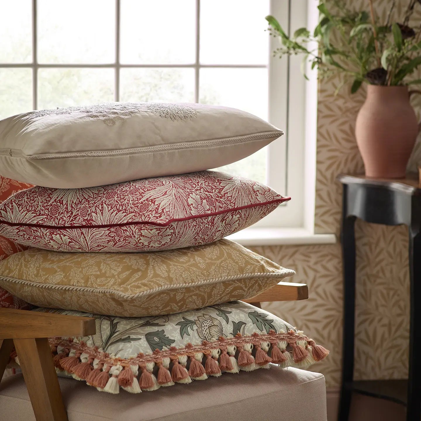 Strawberry Thief Piped Outdoor Cushion Biscuit 50x50