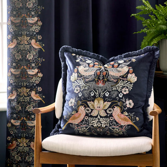 Strawberry Thief Embroidered Velvet Cushion Indigo 50x50