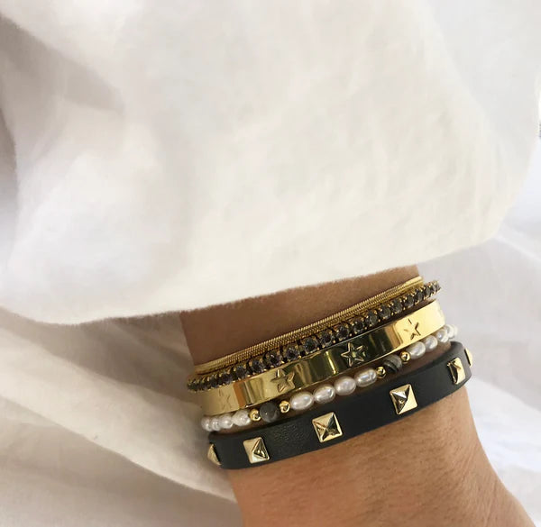 DARK Leather Stud Bracelet Mini, Black/gold