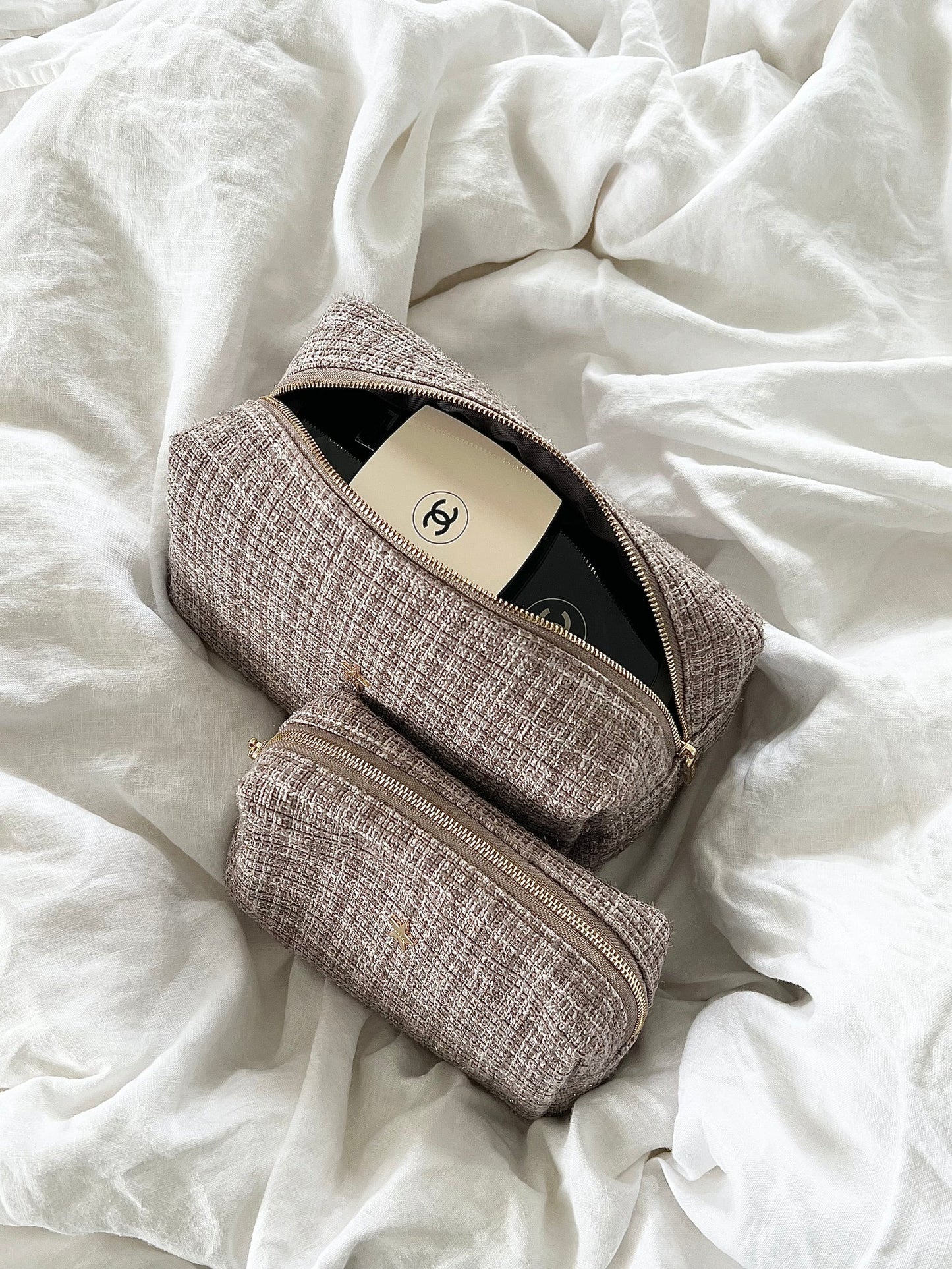 DARK Tweed Make-up Pouch Large, Warm taupe