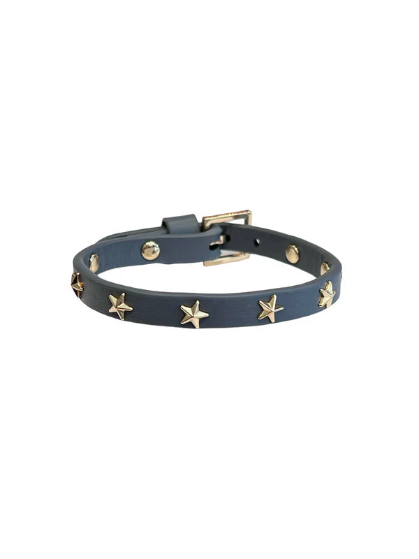 DARK Leather Star Stud Bracelet Mini, Steel blue/gold