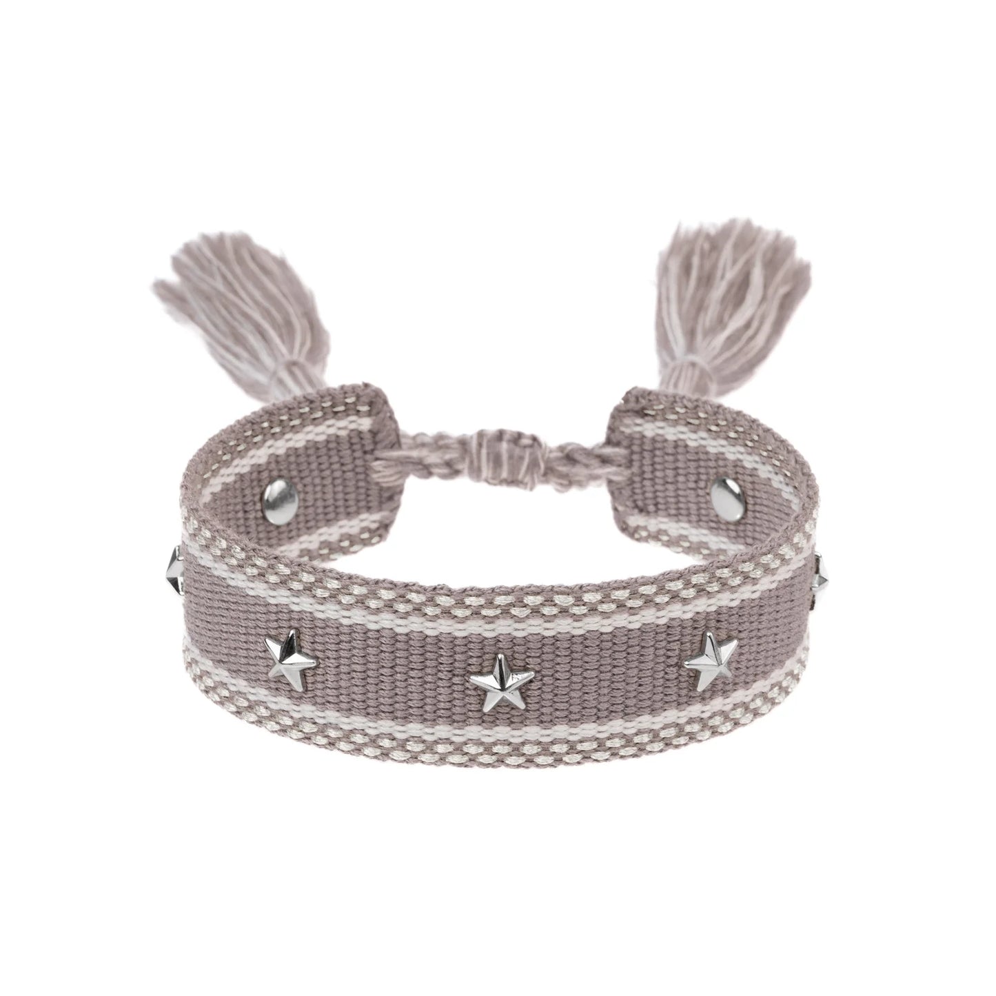 DARK Woven Friendship Bracelet w/star studs, Taupe w/silver