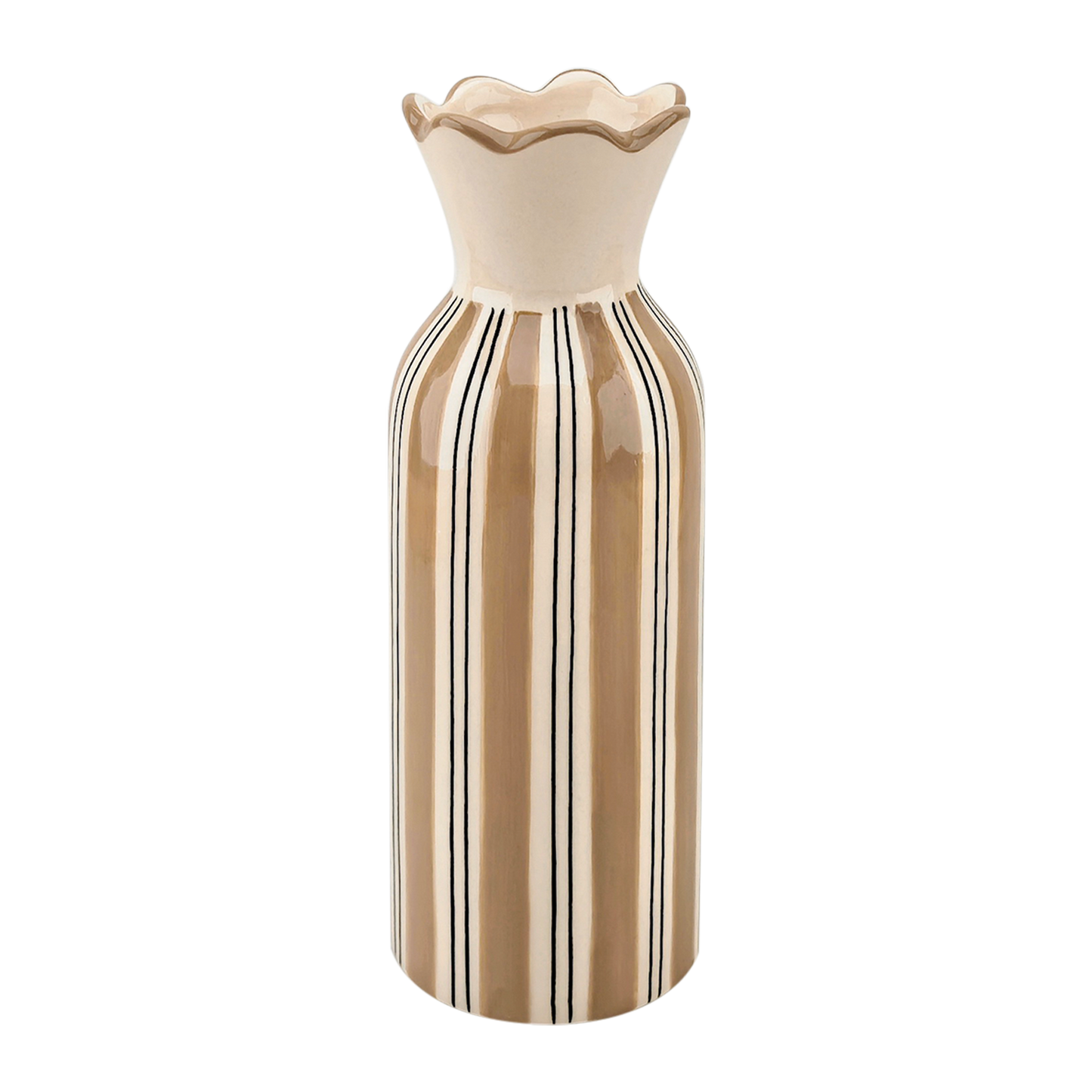 Beige striped ruffled-rim vase, Ø8.5 × H23.3 cm